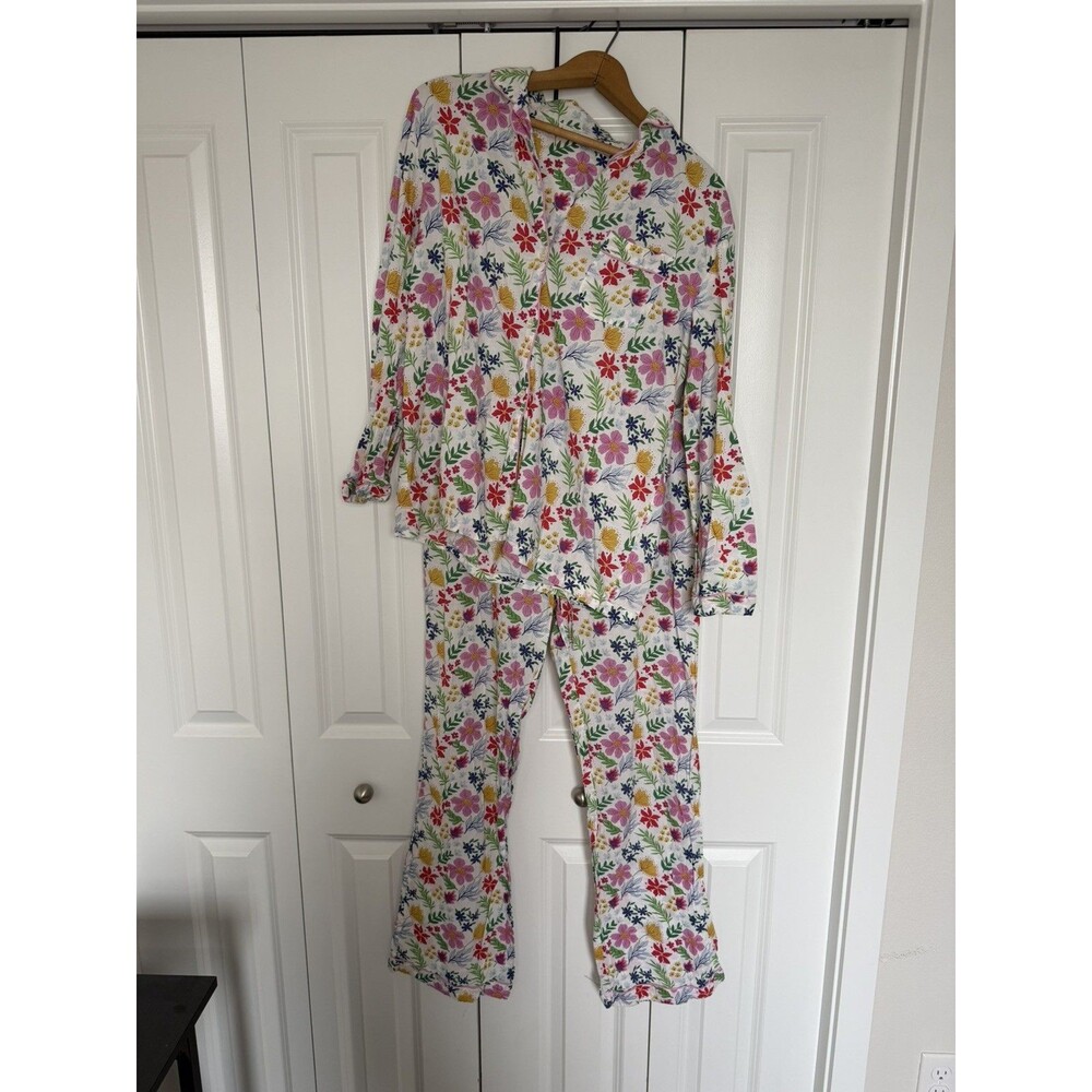 Mahogany Floral Pajama Set  Cotton Button Down Long Sleeve Pants Large
